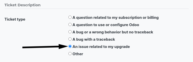 Selection of "An issue related to my upgrade" as Ticket Type in the support form on Odoo