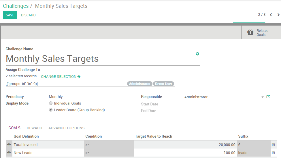 View of the challenge form and a challenge being created for Odoo Sales