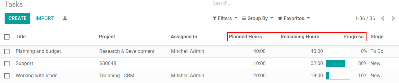 View of all tasks and their planned and remaining hours in Odoo Project