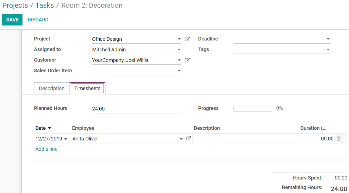 On the task under the timesheets tab add the time spent in Odoo Project Application