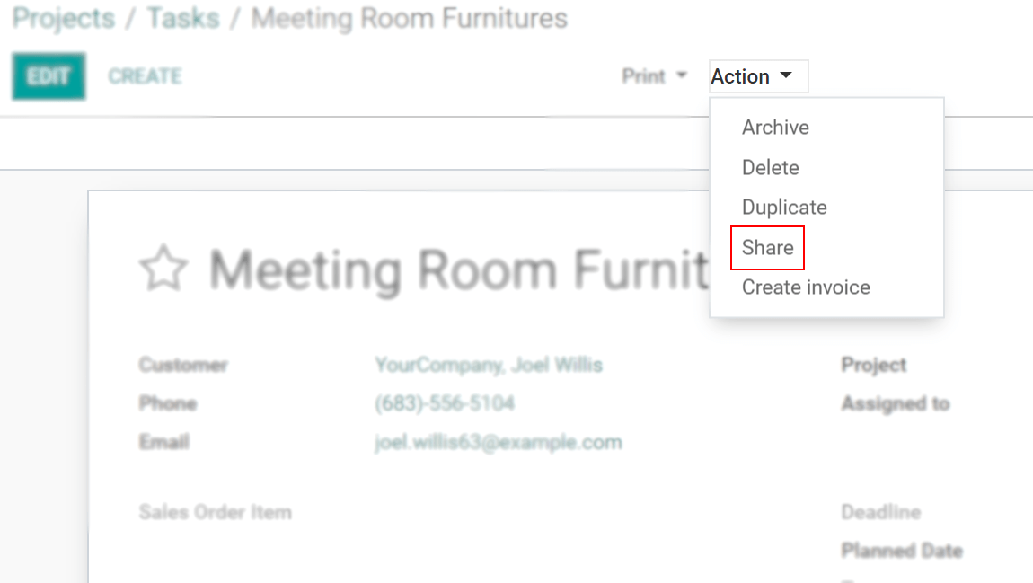 Open a task and click on action then share in Odoo Project
