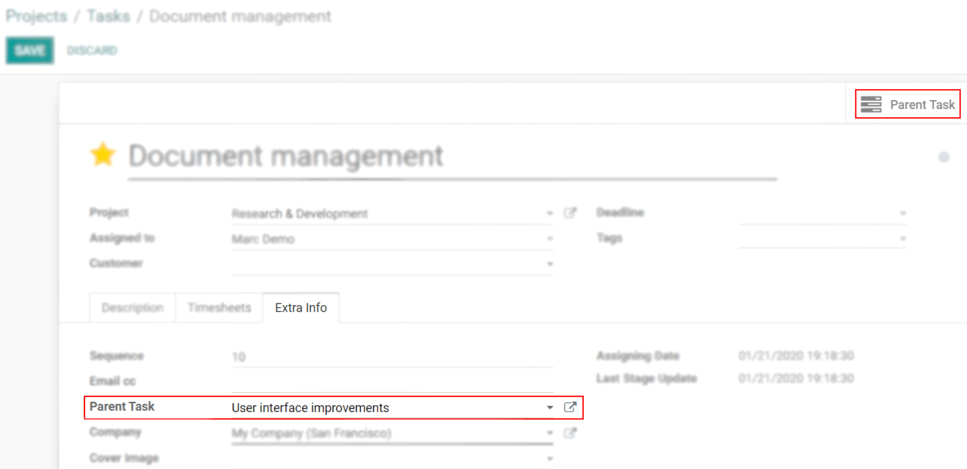 A tab extra info with a field parent task is being shown in Odoo Project