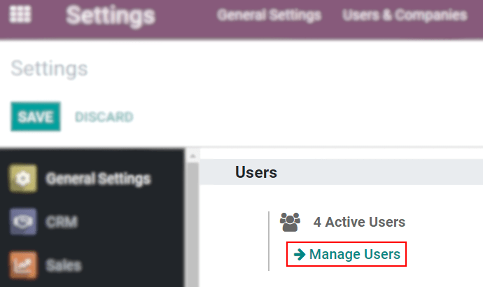 View of the settings page emphasizing the manage users field in Odoo