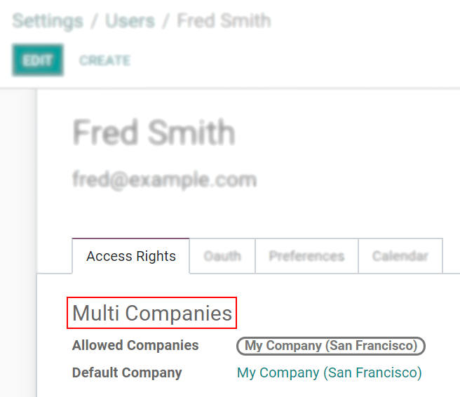View of a user’s form emphasizing the multi companies field in Odoo