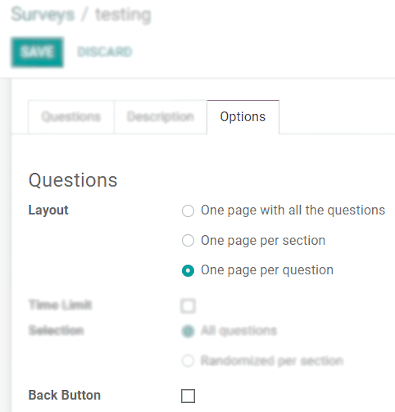 Form view of a survey emphasizing the layout feature under options in Odoo Surveys