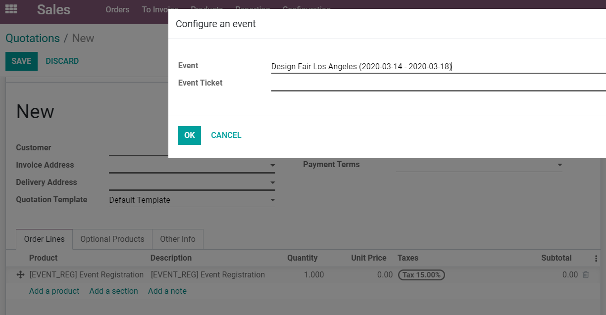 View of a sales order and the option to choose the event as the product line in Odoo Events