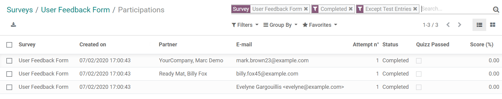 View list of the participations of a survey in Odoo Surveys