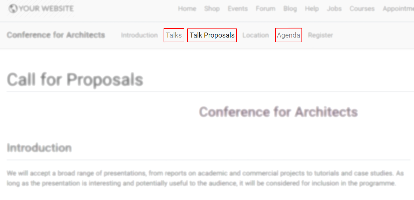 View of the published website and the menus talks, talk proposal and agenda in Odoo Events