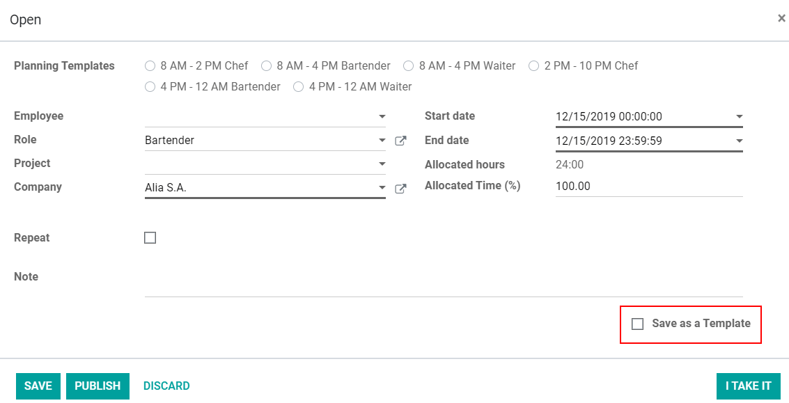 Save shift as a Template in Odoo Planning Application