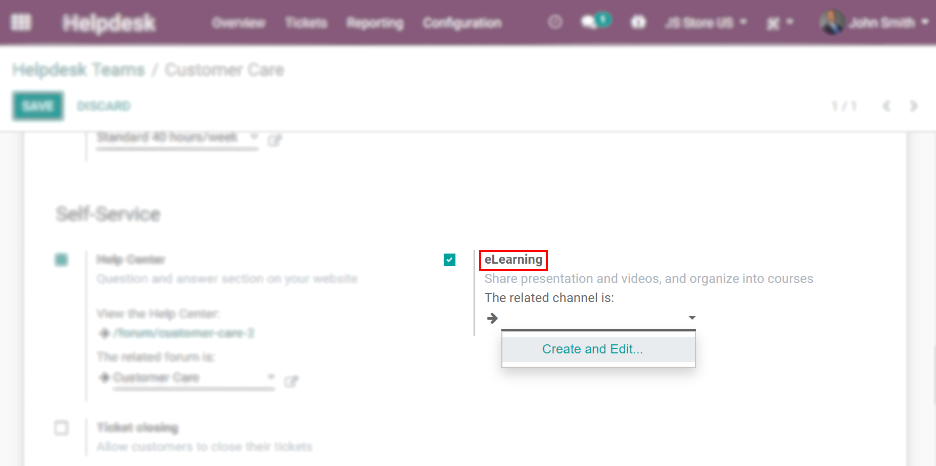 Overview of the settings page of a customer care team emphasizing the feature elearning in Odoo Helpdesk