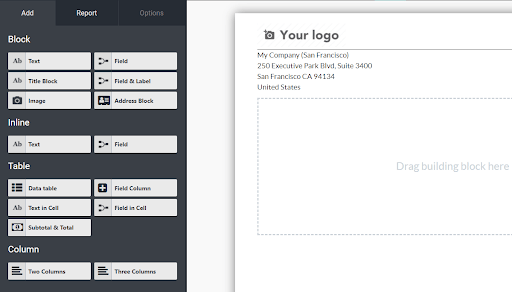 View of a report and the tab add in Odoo Studio