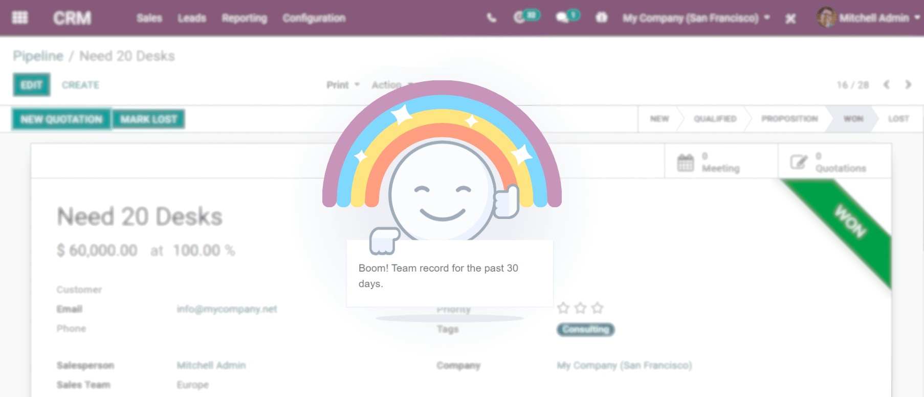 View of a sales form and the tab properties and its rainbow man field in Odoo Studio