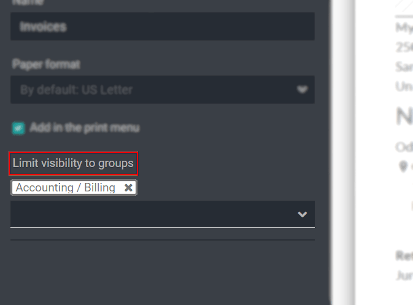 View of a report’s settings emphasizing the field limit visibility to groups in Odoo Studio