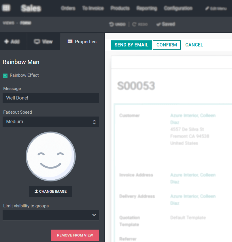 View of a sales form and the tab properties and its rainbow man field in Odoo Studio
