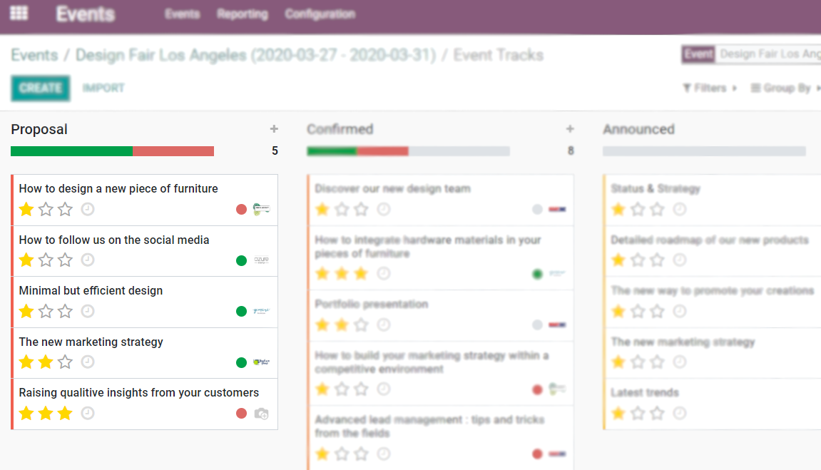 View of the talks’ proposals page emphasizing the column proposal in Odoo Events