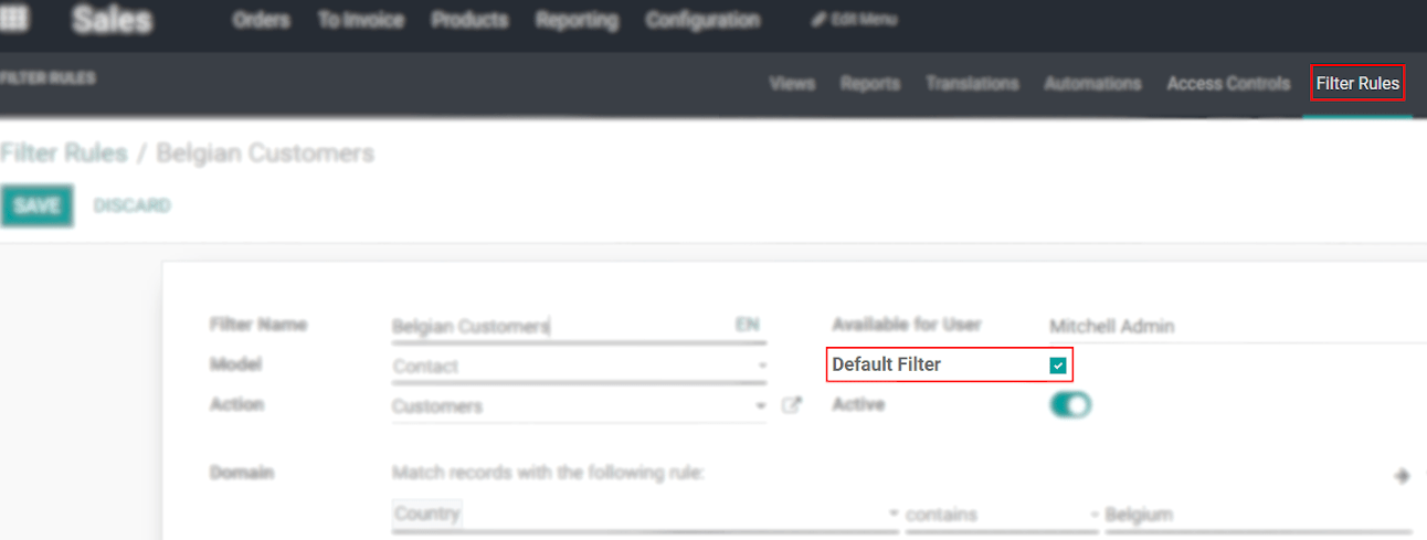 View of a filter’s rule form emphasizing the field default filter in Odoo Studio
