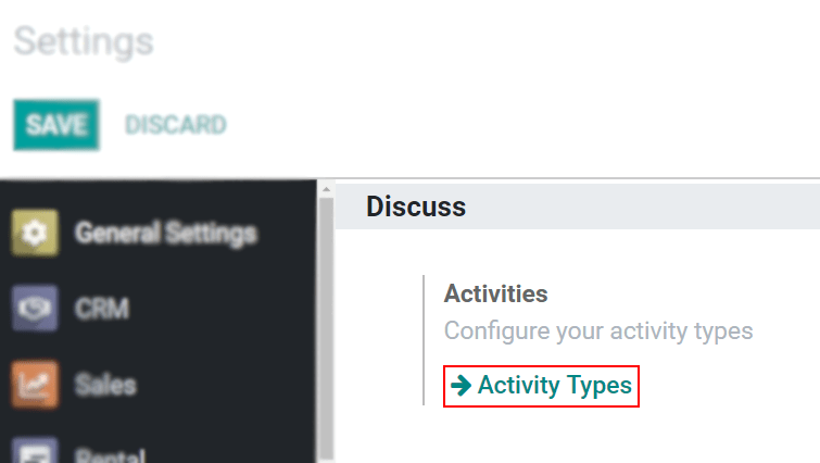 View of the settings page emphasizing the menu activity types for Odoo Discuss