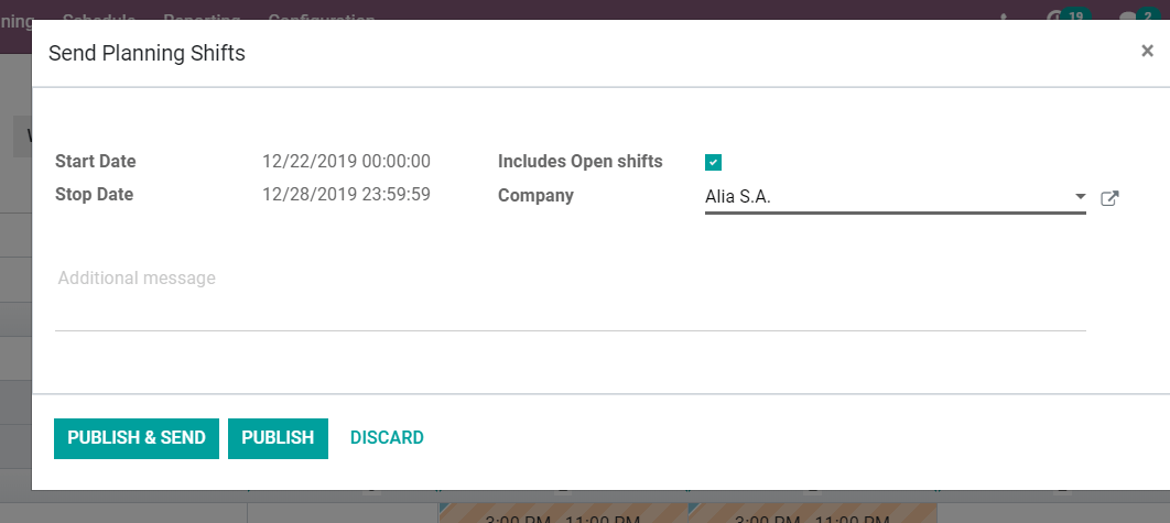 Publish and Send planned shifts in Odoo Planning Application