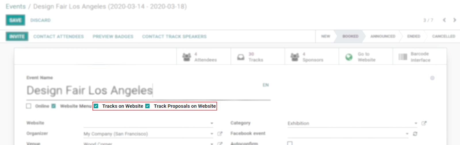 View of an event form and the options to track and propose speaker in Odoo Events