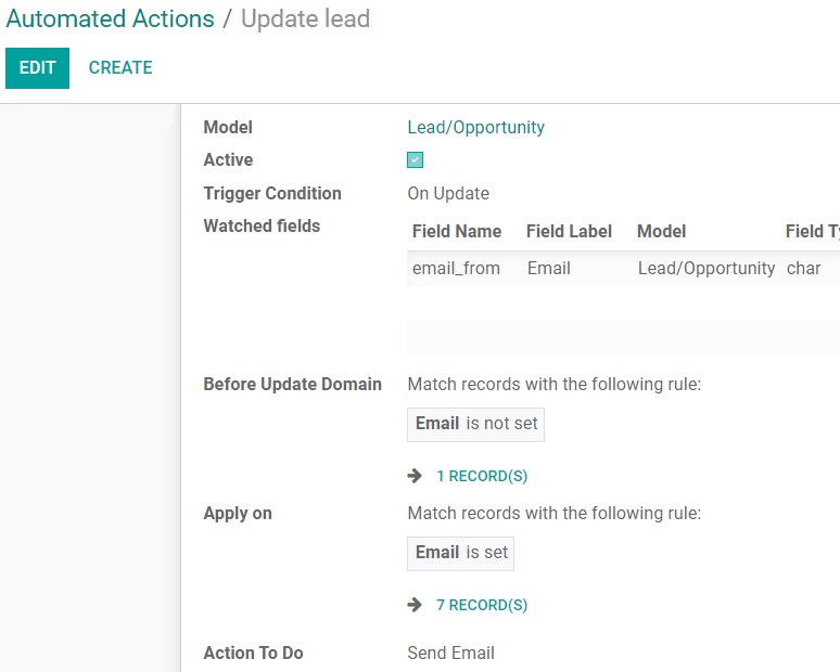 View of an automated action being created in Odoo Studio