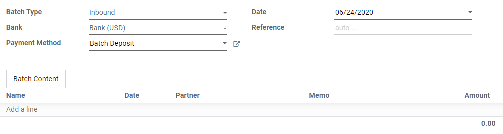 Filling out a new Inbound Batch Payment form on Odoo Accounting