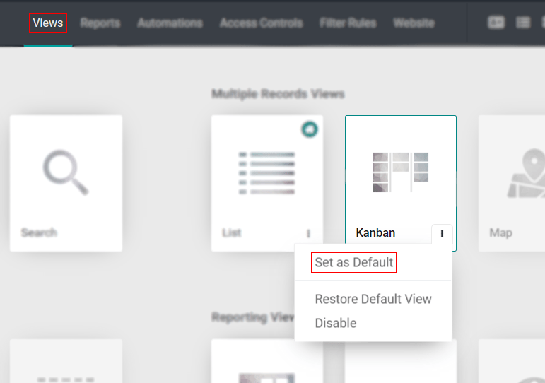 View of the Kanban option being set as the default one in Odoo Studio