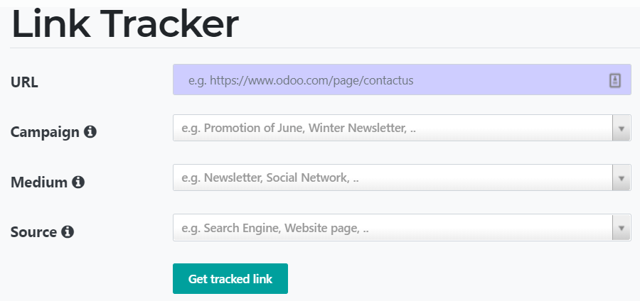 View of the link tracker fields for Odoo Website