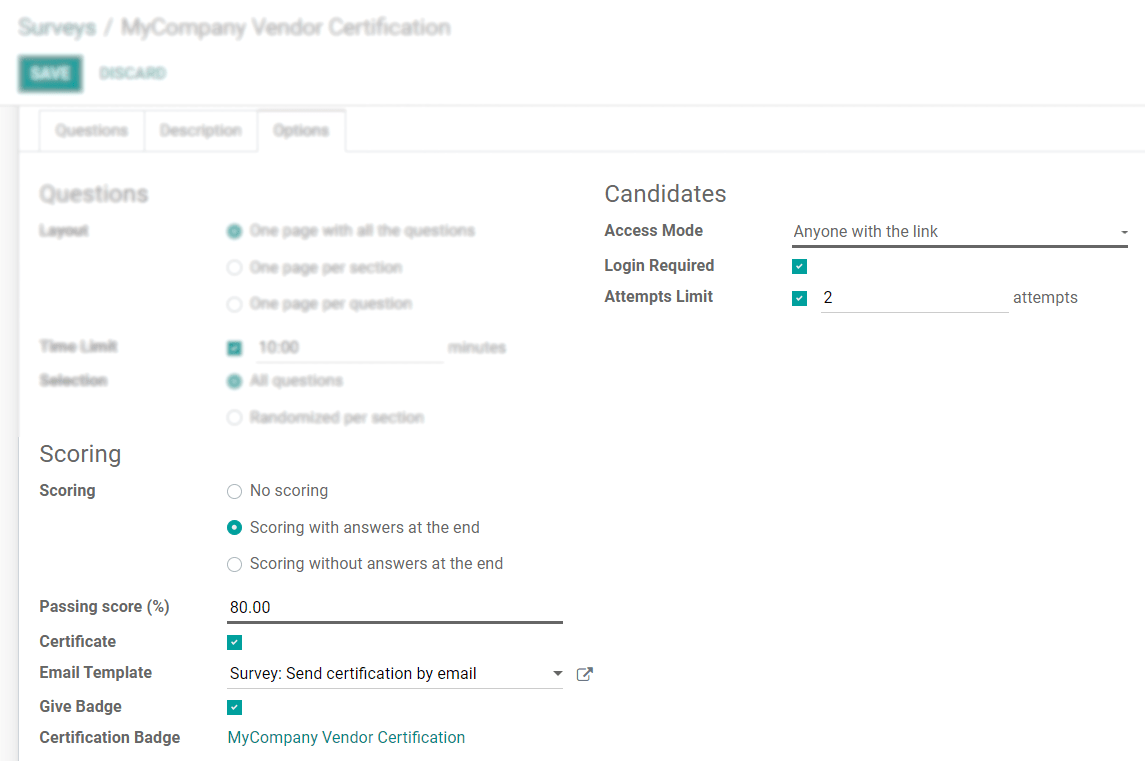 Form view of a survey emphasizing the scoring and candidates section in Odoo Surveys