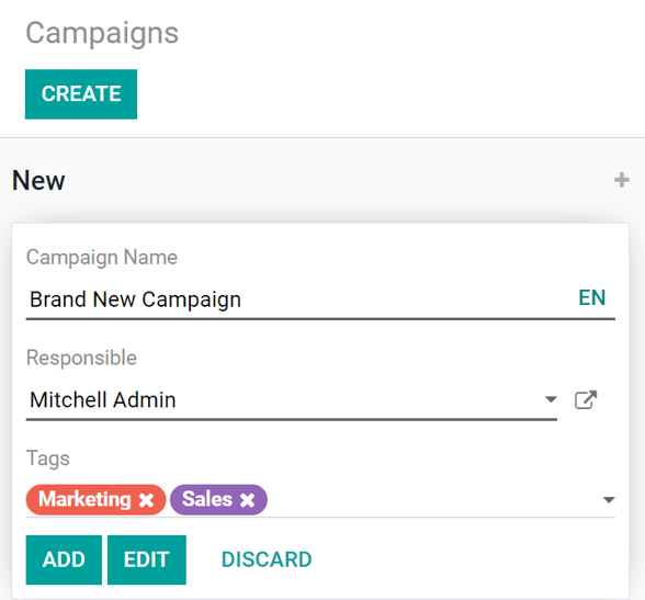 View of the campaign pop-up window in Odoo Email Marketing.