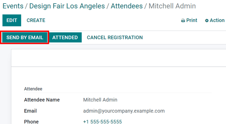 View of an attendee form emphasizing the send by email and cancel registration in Odoo Events.