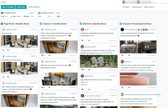 Example of how a populated stream-filled dashboard looks in Odoo Social Marketing