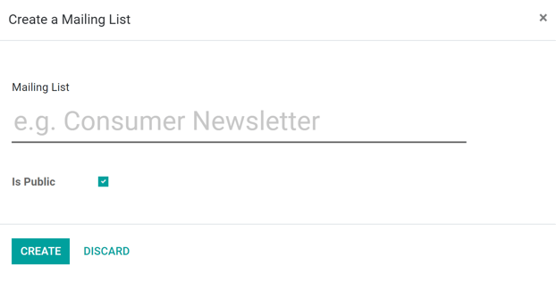 View of the mailing list pop-up in the Odoo Email Marketing application.