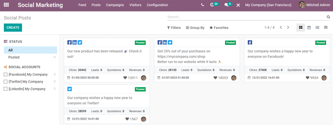 Kanban view of the posts page in the Odoo Social Marketing application.