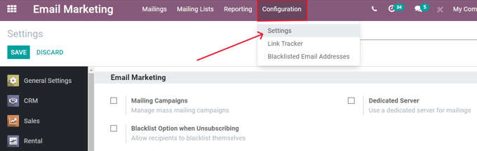 View of the Settings page in the Odoo Email Marketing application.