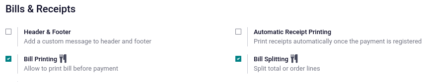 activate the bill printing and bill splitting features in the POS settings