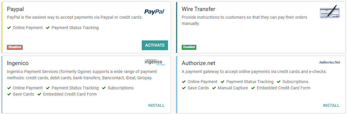 Haga clic en instalar, luego en activar para que el método de pago este disponible en Odoo. 