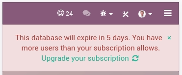 Esta base de datos expirará en X días. Tiene más usuarios de los permitidos por su suscripción.