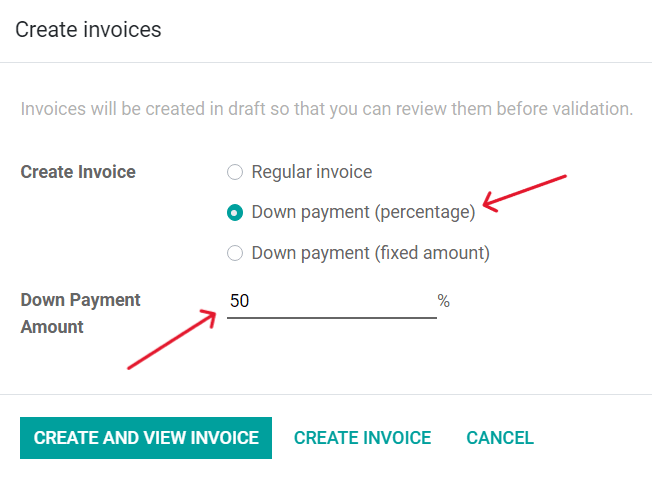 Ventana emergente para crear facturas en la aplicación Ventas de Odoo.