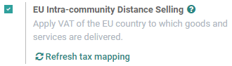 Función "ventas a distancia intracomunitarias en la UE" en los ajustes de la aplicación Contabilidad de Odoo.