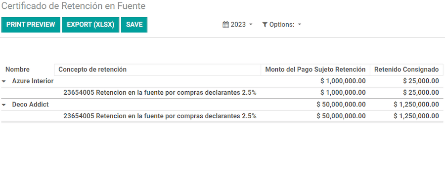 Reporte de Certificado de retención en Fuente en la aplicación Contabilidad de Odoo.