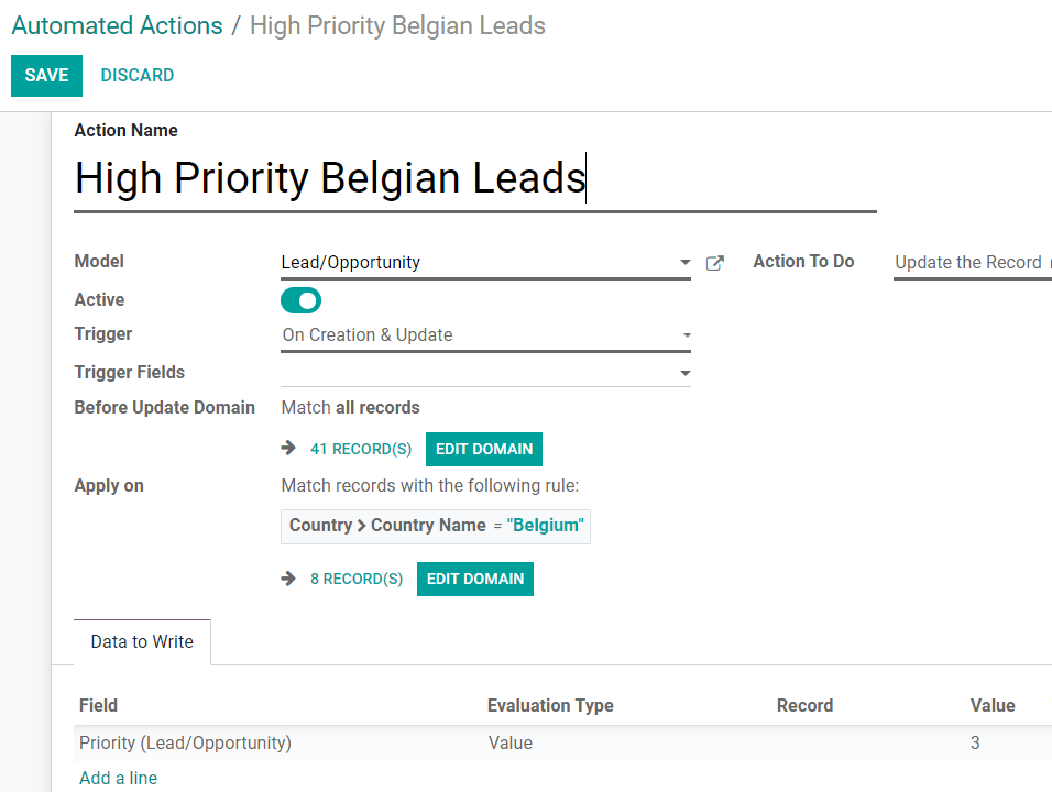 Vista de una acción automatizada con la más alta prioridad establecida a los leads de Bélgica en Studio de Odoo 