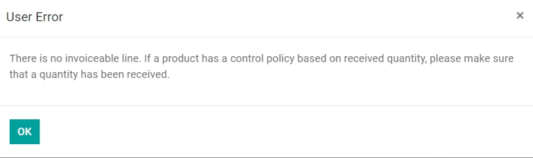 Ventana emergente con el mensaje de error de usuario para la política de control sobre cantidades recibidas.