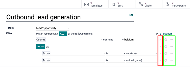 El menú desplegable de filtros en la aplicación Automatización de marketing.