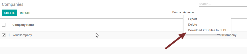 Descargar archivo XSD a CFDI desde la vista de lista de empresas en Odoo