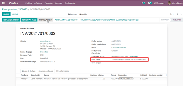 Folio fiscal del anticipo