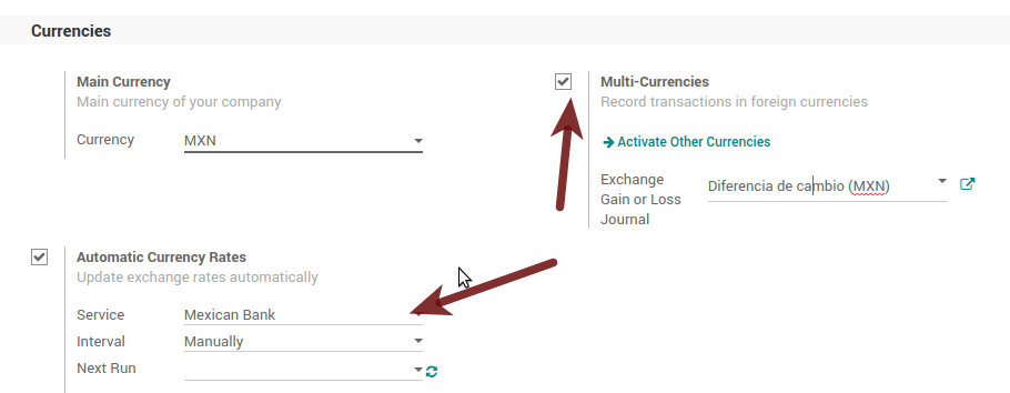 Configuración multidivisa