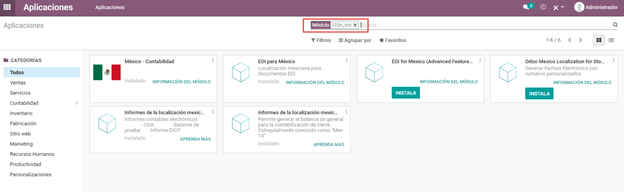 Instalación del módulo de localización mexicana en las aplicaciones de Odoo