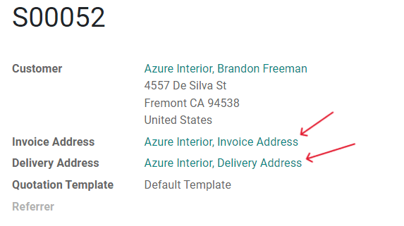 Las direcciones de facturación y de envío se completan automáticamente en una cotización. 