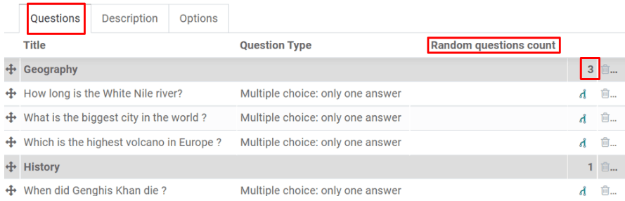Número de preguntas aleatorias en la pestaña de preguntas de una encuesta. 