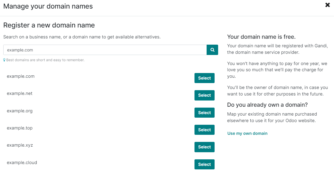 La búsqueda del nombre de dominio ejemplo.com muestra los dominios asociados disponibles.